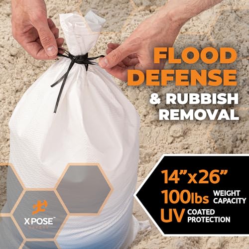 Image of Xpose Safety Heavy Duty Sand Bags with Tie Strings - Empty Woven Polypropylene Sandbags for Hurricane Flood Protection, 100 lb Capacity, 14 inch x 26 inch, White, Pack of 10
