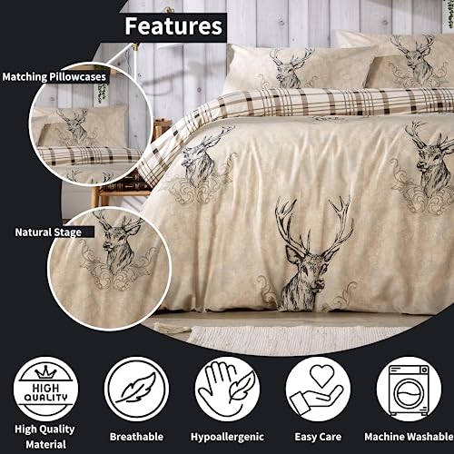 Olivia Rocco Stag Duvet Cover Set Cosy Highland Cotton Rich Quilt Covers Reversible Check Premium Bedding Bed Linen Sets, Double Natural - Image 6
