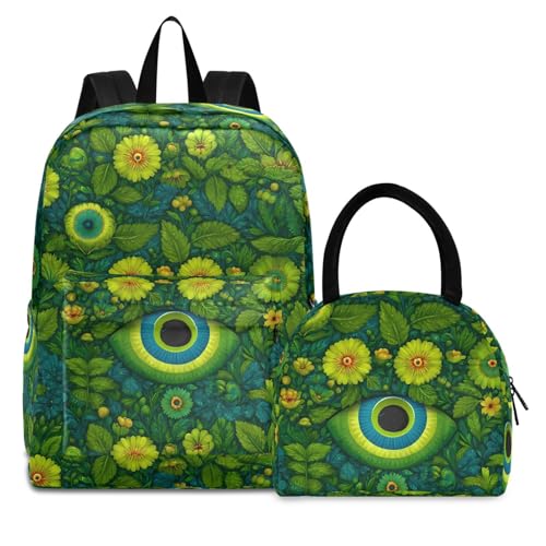 Green Floral Eyes Print Backpack Set with Lunch Bag, Large Capacity Travel Backpacks and Lunch Box Insulated for Commute Hiking Picnic