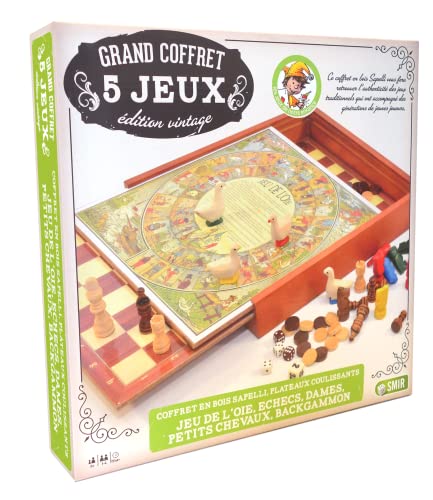 Smir - Coffret Sapelly en Bois - 5 Jeux Traditionnels Vintage - Jeu de l’Oie - Petits Chevaux - Echecs - Backgammon - Dames - Plateaux coulissants & réversibles