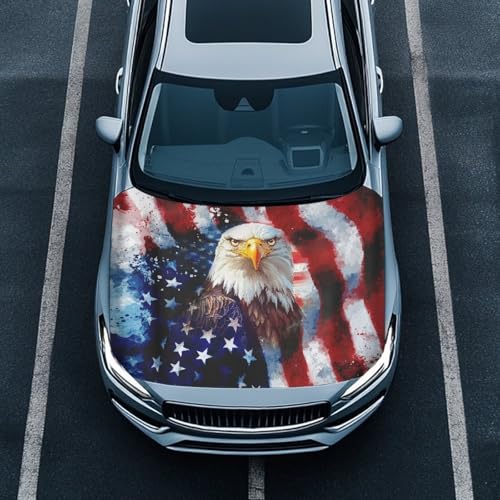 Image of Bald Eagle USA Flag Design Hood Cover for Car Sedan SUV Truck, 59x39 Inch Waterproof Sun Proof Car Hood Wrap Blankets, Universal Automotive Decorative Accessories