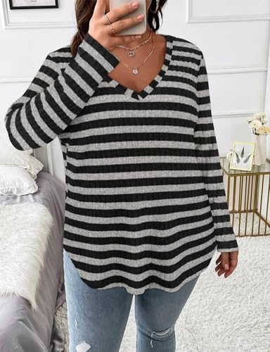 Image of Koscacy Women Plus Size Casual Knit Sweater V Neck Solid Color Tops Lightweight Long Sleeve Blouses