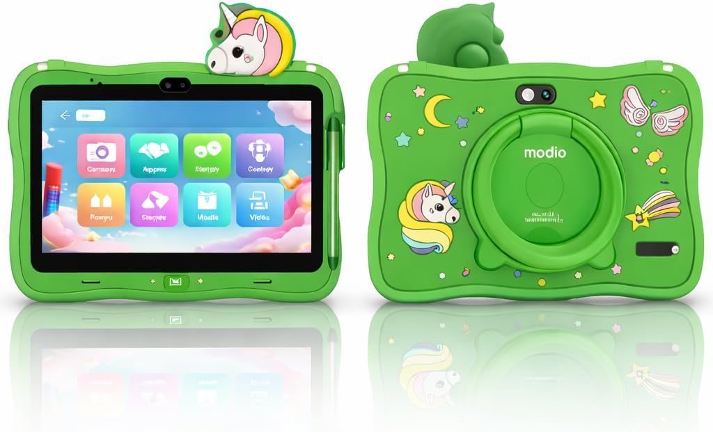 M71 Kids Tablet 7 Inch HD Display, 6GB RAM + 128GB ROM, Dual Camera, 3000mAh Battery, Shockproof Unicorn Case with Stylus & Accessories – Blue (Green)
