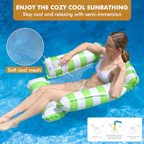 Aufblasbare Pool-Schwimmer-Stuhl-Lounge für Erwachsene und Kinder, die Schwimmen, Streifen-Muster-Schwimmer-Hängematte für Pool-Party-Sommer-Wasser-Spaß (Green+Light Blue)