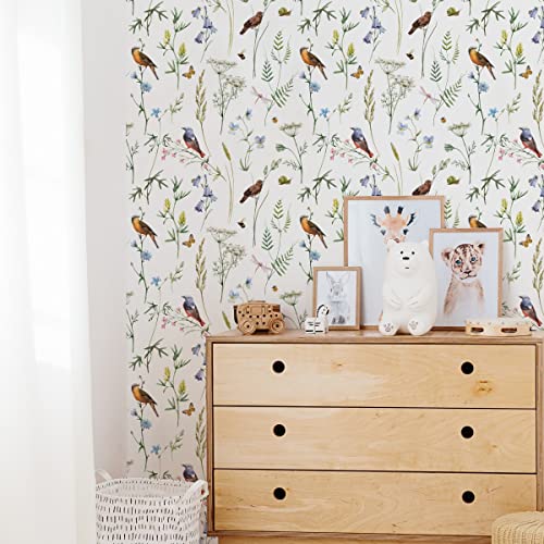 Muralo Vlies Tapete 10m Tapeten Rollen VÖGEL Blumen Blätter Insekten Natur Dekor XXL Vliestapete 1000 x 53cm Wand Tapete Esszimmer Wohnzimmer Schlafzimmer Moderne Muster Wand Dekoration