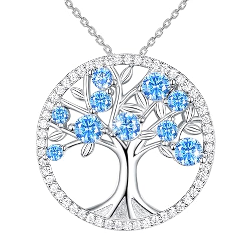 JUZICHEN Collier Arbre de Vie en Argent Sterling 925, Collier Arbre de Vie en Zirconium Vert, Pendentif Femmes (Bleu)