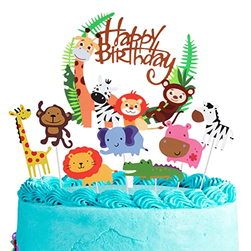 Fuyamp Décorations De Gâteaux Animaux, 7 Pièces Jungle Gâteau Décoration Decoration Gateau Anniversaire Toppers Animaux Cupcake avec HAPPY BIRTHDAY pour Enfants Décoration Fête Anniversaire Cover