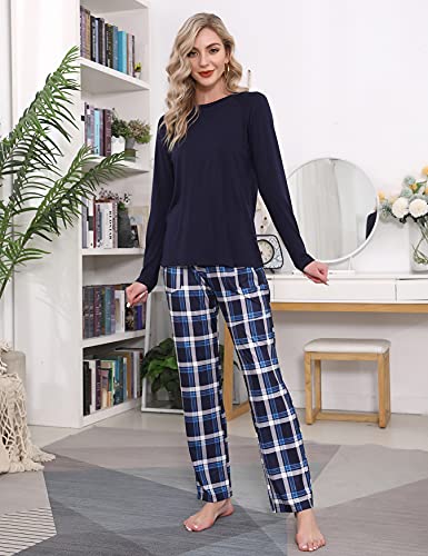 Uniexcosm Pijama Mujer Largo de Cuadros, Conjunto de Algodón 2 Piezas Con Cuello Redondo y Bolsillo, Suave Para Hogar - Azul Marino M - imagen 3