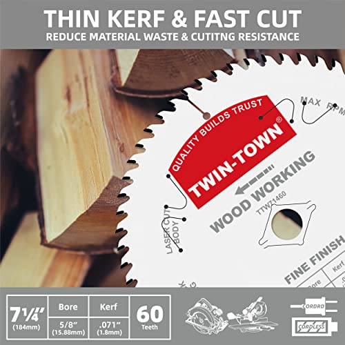 Twin-Town 7-1/4-Inch Saw Blade, 60 Teeth,General Purpose For Soft Wood, Hard Wood, Chipboard & Plywood, 5/8-Inch Dmk Arbor #TOP1
