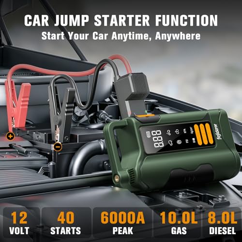 Image of Jump Starter with Air Compressor, 6000A Car Battery Jump Starter, 20000mAh Battery Jumper Starter Portable for 10L Gas /Diesel Engine with 160PSI Booster, LED Display & Light, Jumper Cables
