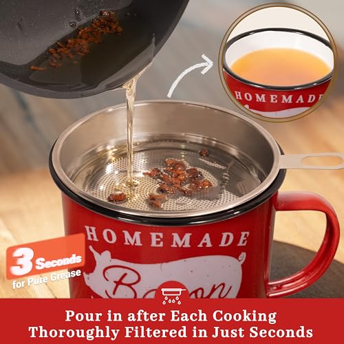 Image of Ayerphalo Bacon Grease Container with Strainer - With Food-Grade Silicone Spatula, 24oz Enamel Rustic Farmhouse Fat Container, Keeper, Recipes, Dishwasher Safe