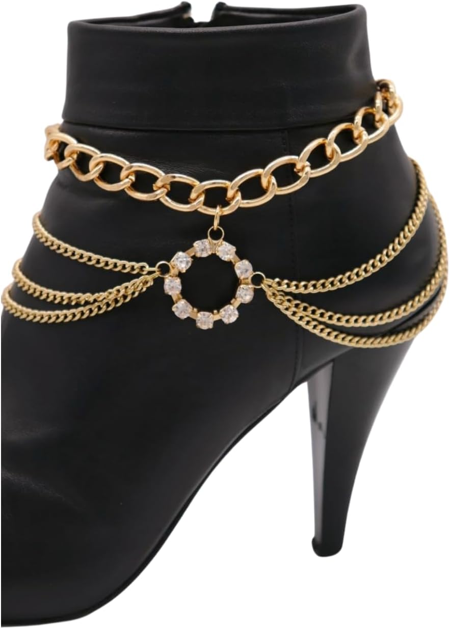 Women Western Fashion Jewelry Gold Metal Multi Strand Chain Boot Shoe Anklet Bling Circle Charm z286