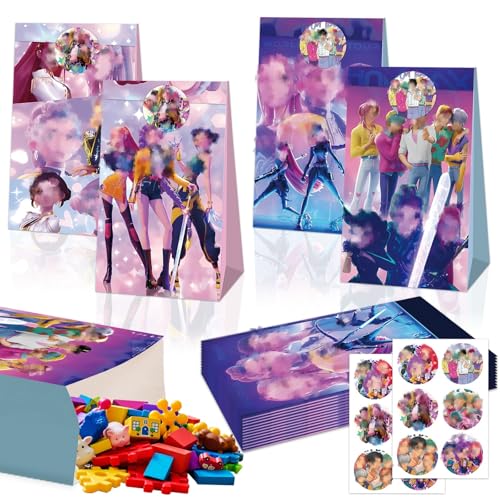 Kpop Birthday Gift Bags- 12PCS Cartoon K Pop Party Goodie Bags for Bag Fillers with 12 Kpop Stickers Boys Girls Paper Gift Bags for Theme Kids Birthday Party Supplies Party Favor Candy Bags