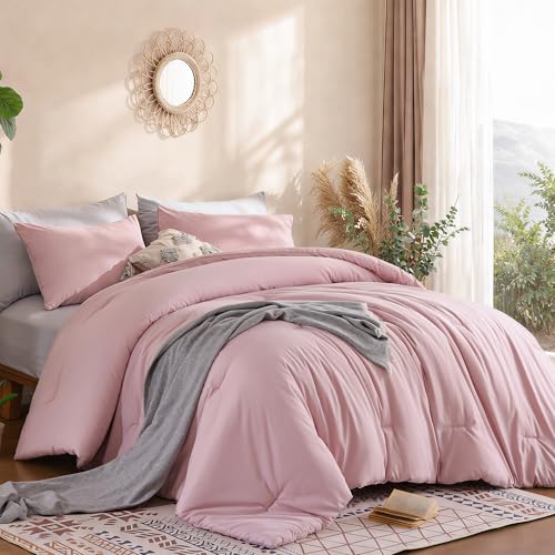 Image of weigelia Super-Soft Micorfiber Comforter Set - King Size Pink Lightweight Warmth Comforter for All Season Use, Machine Washable Pink Bedding Set (1 Comforter, 2 Pillowcases)