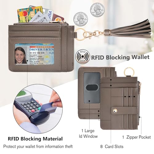 Image of KNGITRYI Wristlet Wallet for Women,RFID Keychain Wallet with Beaded Strap | 8 Card Slots,ID Window,Zipper Pocket,Leather Tassel,Compact Design