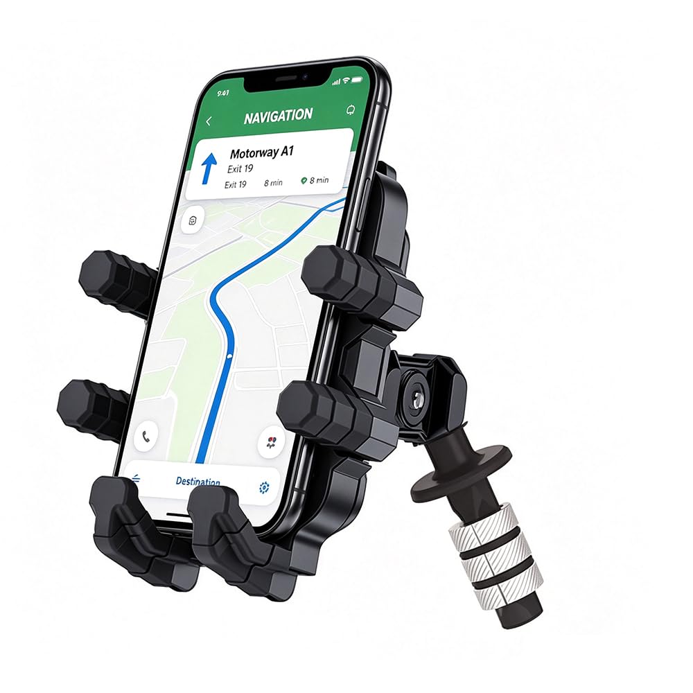 Motorcycle Phone Holder for 13mm- 19mm Fork Stem Hole,Smartphone 4.7''-7.2'' Motorbike Mirror Seat Phone Mount (E-Mirror Mount)