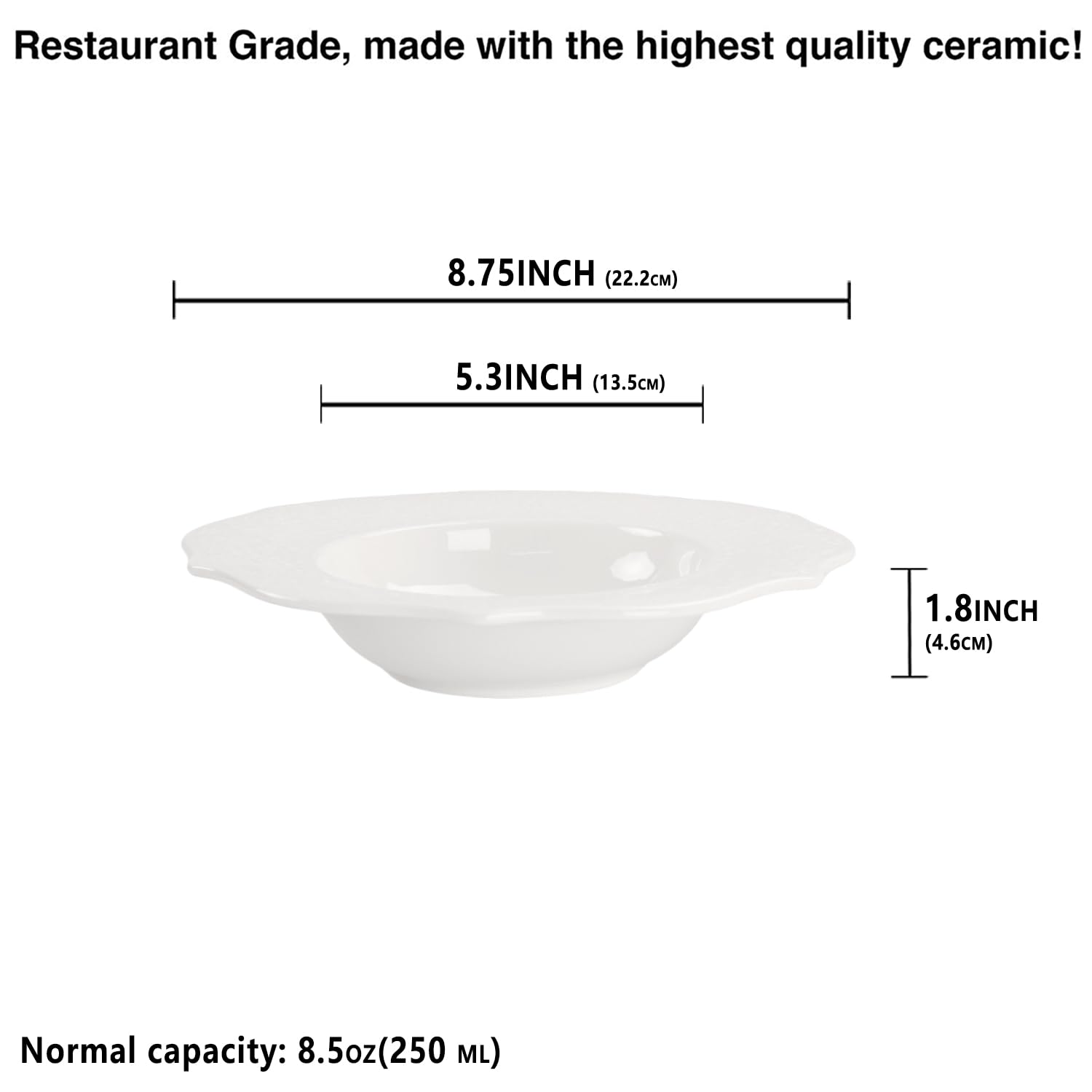 jinsongdafa Soup Bowls, Pasta Bowls Plates, White Salad Bowls Set of 4, Embossed Porcelain Wide Rim Bowls, 8.5 Oz, Microwave & Dishwasher Safe, Best for foodies and restaurants 8.75 Inch Laciness