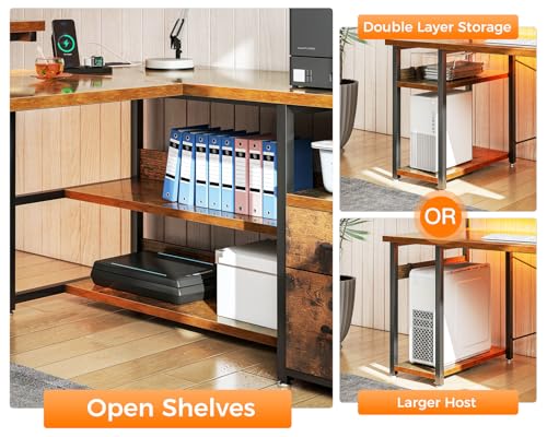 Gaming Desk with File Drawers, Power Outlets, LED Lights, and Storage Shelves for Home Office or Bedroom