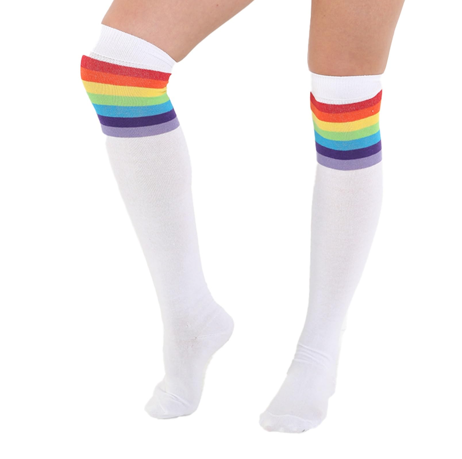 FNA FASHIONS® Over the Knee Socks – Thigh High Cotton Socks | Long, Soft & Stretchy Boot Socks for Women & Girls | Plain & Striped Knee High Stockings (Rainbow 3 Stripe White Referee OTK Socks)