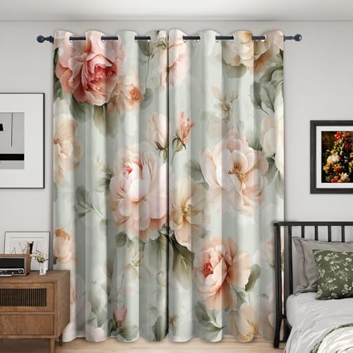 Image of Pink Rose Curtains Blackout Thermal 54 Inch Drop, Country Floral Window Treatments for Living Room Bedroom Accessories, Eyelet Drapes 46 x 54, 2 Panels YD47