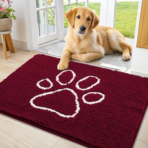 Image of Smiry Dog Door Mat for Muddy Paws, Absorbent Dirt Trapper Non Slip Quick Dry Washable Chenille Mat for Mud Dogs, Entry Rug for Indoor and Outdoor (36x24 Inches, Burgundy and White)
