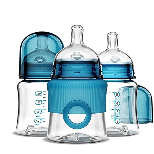 Smilo Baby Bottle Set with Stage 0 Slow Flow Anti Colic Nipple, 5 Oz / 150 ml Capacity, 3X Pack of Anti Colic Baby Bottles 0-3 Months - Aqua Blue