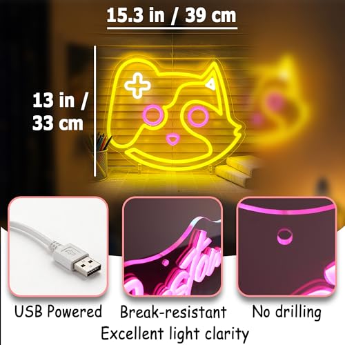 Image of Yellow Neon Sign Led Neon Lights Signs for Wall Decor USB Powered Led Signs for Room Decoration-Game Cat