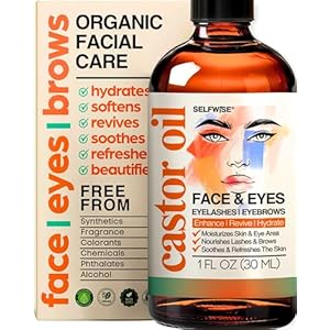 Organic Castor Oil For Face Moisturizer, Eyes, Eyelashes, Eyebrows, Wrinkles with Jojoba, Rosehip, Grapeseed, Squalane, Palmarosa, Bergamot and Vitamin E for Gentle Skin, Men & Women 1oz