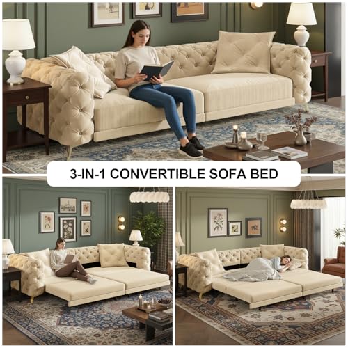 Image of KCGKCG 97.7 inch Sleeper Sofa Bed, Velvet 3-in-1 Pull Out Couch, Convertible Button Tufted Chesterfield Sofa with Movable Ottoman, 3 Seats King Size Couch Bed for Living Room /Bedroom, Apricot