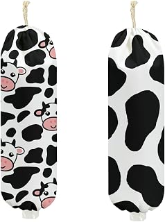 2Pcs Cow Plastic Bag Holder 22.5x9 Inch, Cute Cows Wall Mount Plastic Bag Organizer with Drawstring, Reusable Grocery Bags Storage Dispenser for Home Kitchen Pantry Decor, Cow Gifts for Women Mom