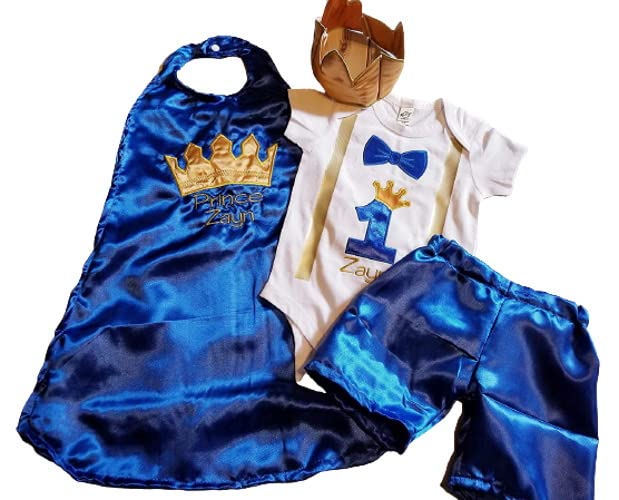 1st 2nd Birthday Royal Blue Smash cake photo prop prince king gold crown onesie cape Crown Hat Shorts 6 months to 24 months