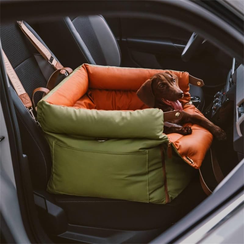 Luxury Pet Car Seat, Removable Washable Dog Booster with Storage, Memory Foam Padding, Green and Brown, 21.65x19.69x17.72 Inch, for Dogs Under 35 Pounds