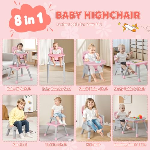 kinder king 8 in 1 baby high chair coverts to dining booster seatkids table amp chair settoddler building block tablekids stool removable tray amp double seat cover easy to wipe grey amp pink