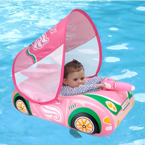 Swimbobo Toddler Pool Float Pink Inflatable Airplane Car Baby Swim Float with Water Gun and Safety Seat Pool Toys for Kids 3+ Years Old (Pink Green Car with Canopy)