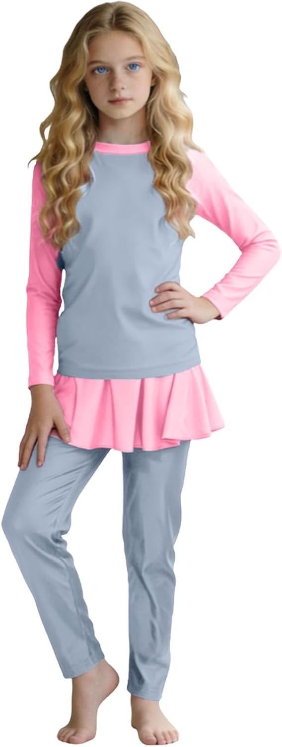 Girl Modest Long Sleeve Rash Guard Swim Set with Skirted Top and Pants Comfortable Two Piece Swimwear for Beach Pool
