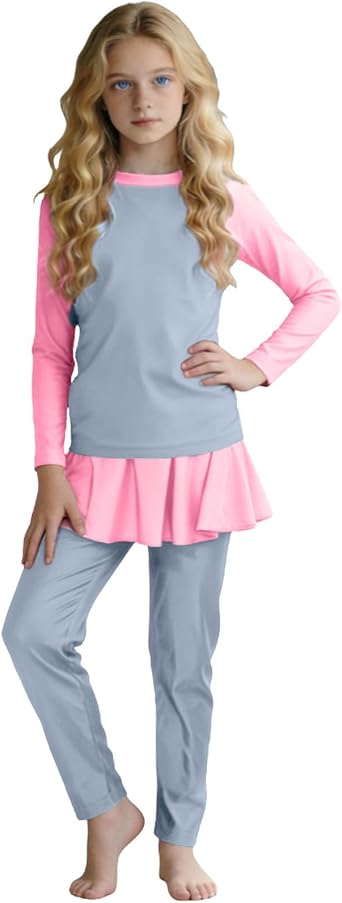 Girls Long Sleeve Rash Guard Swimsuit 3 Piece Kids Burkini Skirt Pants Modest Swimwear Hijab Bathing Suit Beachwear