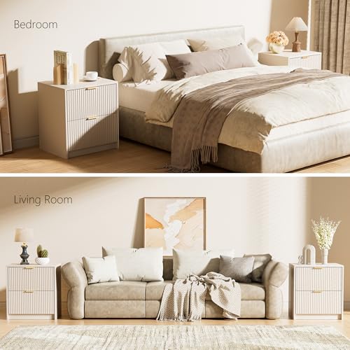 Image of Furniway Nightstands Set of 2, Fluted Nightstand with Gold Metal Handles and 2 Drawers, Modern Bedside Table, 19.6 inch Wide Wood End Table for Bedroom, Beige