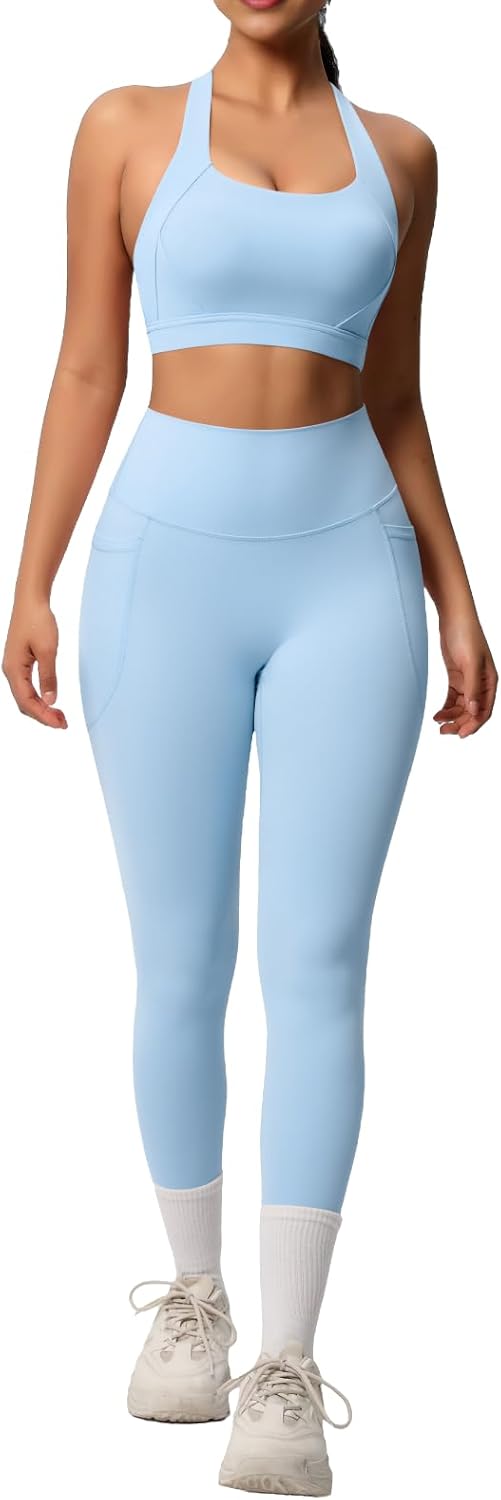 Women's 2-Piece Moisture-Wicking Workout sets Cross Back Sports Bra & High Waist Pants,Athletic Activewear