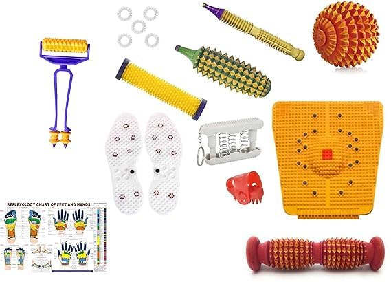Acupressure Massage Kit, 5 Rings, Foot Roller, Wooden Mat, Handle Roller, Magneto-Therapy Tools, Sujok Kit for Home Gym