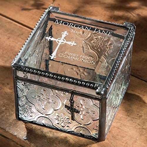 First Communion Gift Personalized Keepsake Custom Engraved Vintage Stained Glass Jewelry Trinket Rosary Case J Devlin Box 631 EB220