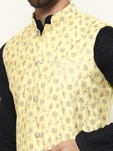 Image of SOJANYA (Since 1958 Men's Cotton Linen Maroon Kurta and White Pyjama with Mustard Cotton Nehru Jacket