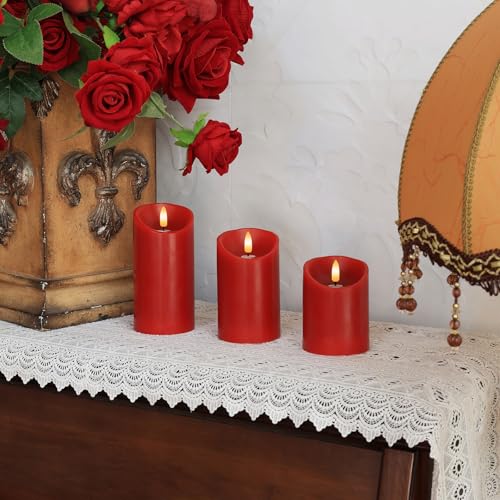 Image of Battery Operated Candles, Real Wax Red LED Candle Flickering Flameless Candles with Remote, 3D Wick Fake Candles for Christmas, Thanksgiving, Home Decor, Party, Gifts, Set of 3, D3 inchx H4 inch /5 inch /6 inch