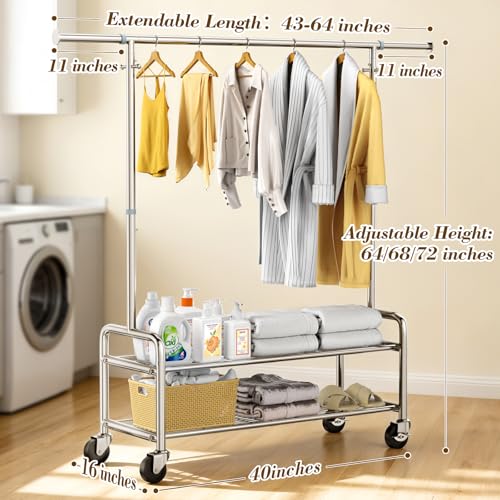 Upgraded 100% Stainless Steel Heavy Duty Clothes Rack with Shelves Loads 760 LBS, Commercial Clothing Rack with Larger & Sturdy Wheel, Adjustable Height & Rolling Garment Hanging Rack for Bedroom Dorm by FYBEE - Used condition - Image 2
