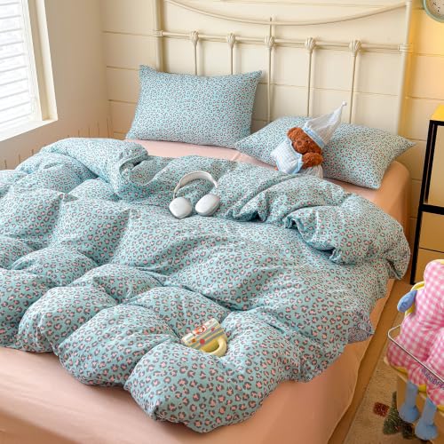 Image of VM VOUGEMARKET Leopard Duvet Cover Set Queen,Light Blue Pink,Muslin Cotton