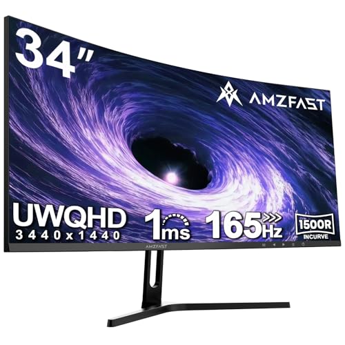 Amzfast Ecran PC Gamer Incurvé 34 Pouces, 165Hz, UWQHD 3440x1440, 21:9, 1 MS MPRT, Adaptive Sync, Incurvé 1500R, sRGB 130%, Eyes-Care, HDR, PIP/PBP, HDMI 2.0 * 2, DP 1.4 * 2, AMZG34C5Q