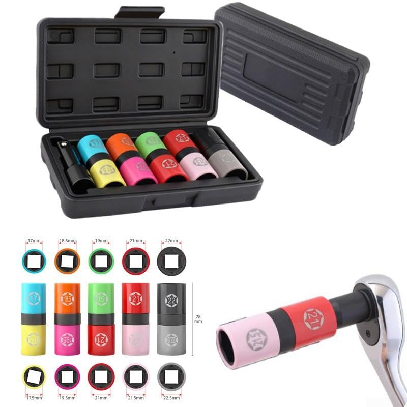 Set Chiavi a per bussola 1/2" per acciaio Cromo Vanadio 6 per Auto e Ruote - Custodia 17-22.5mm
