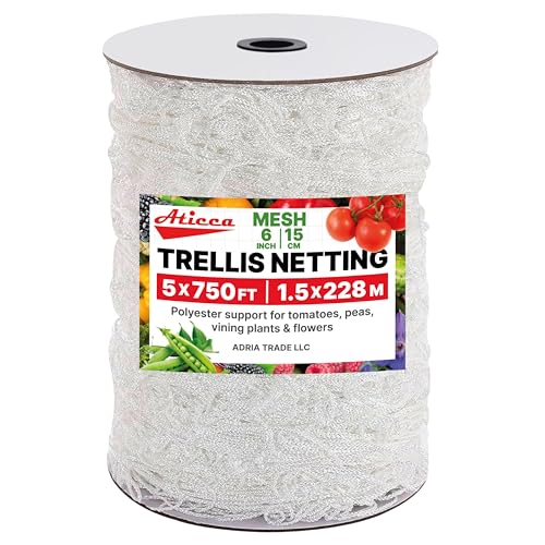 ATICCA Trellis Netting 5 x 750 ft Heavy Duty Polyester Plant Support Netting White - 6 Inch Garden Rope Trellis on Roll - Mesh Twine for Growing Vine Climbing Plants, Flowers, Peas, and Tomatoes.