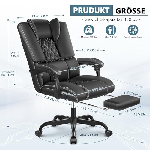 Guessky ergonomischer Bürostuhl, chefsessel Leder, gekoppelte Armlehnen, Loveseat mit Fußstütze...