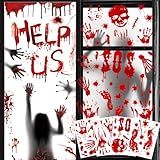 DOUUCO Halloween Fensterbilder, Blutige Handabdrücke & Fußabdrücke Dekoration, 1 Stück Türaufkleber + 4 Sets Fensterbilder, Wasserdicht & Wiederverwendbar für Halloween Spukhaus Fenster Tür Deko