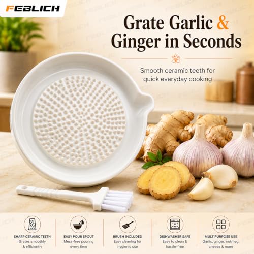 Image of Ceramic Garlic Grater Plate with Brush Manual Crusher Grinder Tool for Ginger, Garlic, Turmeric, Nutmeg, Fruits & Vegetables Durable, Easy to Clean, Non-Slip Kitchen Utensil (Medium)